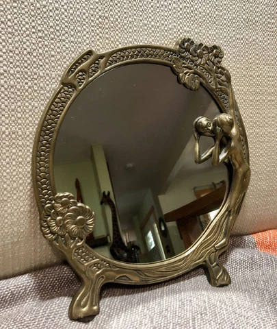 Vintage Art Nouveau Lady In Mirror Taiwan Brass Mirror Ornate Free Standing Cover