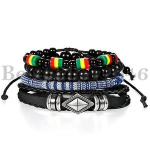 Handmade Tribal Leather Beaded Cuff Wristband 4pcs Set Bracelets for Men Women - Picture 1 of 5