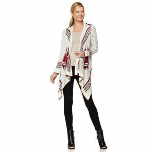 COLLEEN LOPEZ Size XL Aztec-Print Draped Cardigan IVORY / WINE - Picture 1 of 2