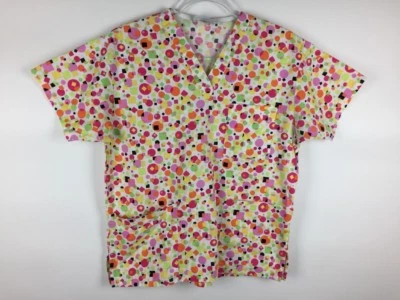 Peaches Scrub Top Size XS White Colorful Geometric Shapes Nursing Medical - Image 1 of 4