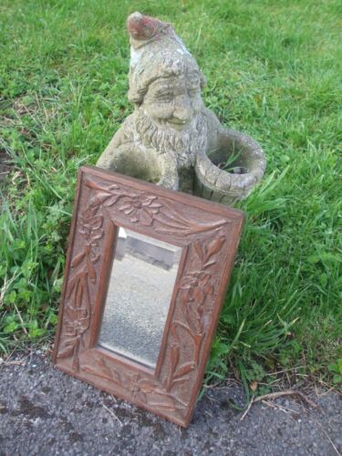 Antique carved oak wall mirror, Arts and Crafts period, charming small piece