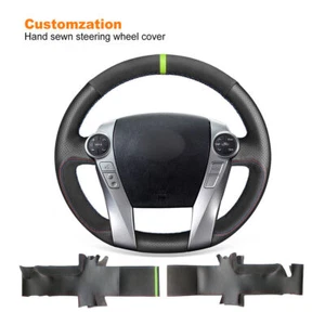 Hand-sewn Black Leather Suede Steering Wheel Cover for Toyota Prius 30 C V Aqua - Picture 1 of 9