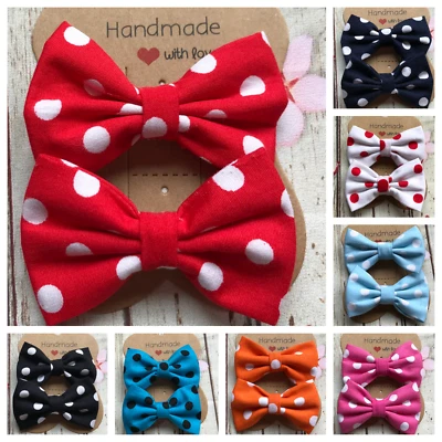 GLAMOUR GIRL ACCESSORIES NEW PACK 2 MINI POLKA DOT COTTON FABRIC 5cm BOW HAIR CLIP SLIDE METAL GRIP GIRLS