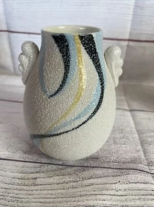 Vintage MCM Vase Lava strukturiert beige mit weiß strukturiertem Overlay Blues und Gold - Bild 1 von 5