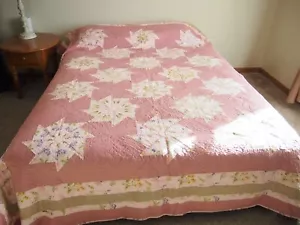 Handmade Quilt Bedspread Queen Cotton Pink Green Pinwheel Star Flower Floral - Picture 1 of 8