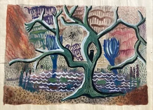 Vintage 1949 Surrealist Woods Gouache Watercolour Painting On Paper Shabby Chic - Picture 1 of 15