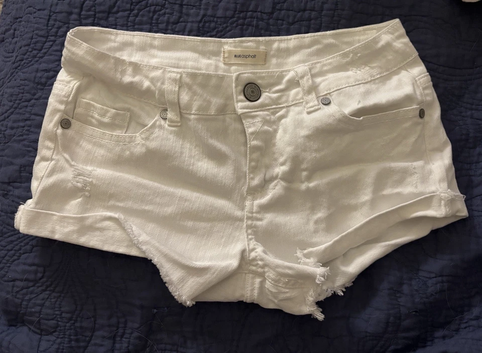 Pantalones Cortos de Jean Azul Asfalto Para Mujer 1/25 Blanco Sello Húmedo Corte Deshilachado Festival Y2K Foto 1 de 3