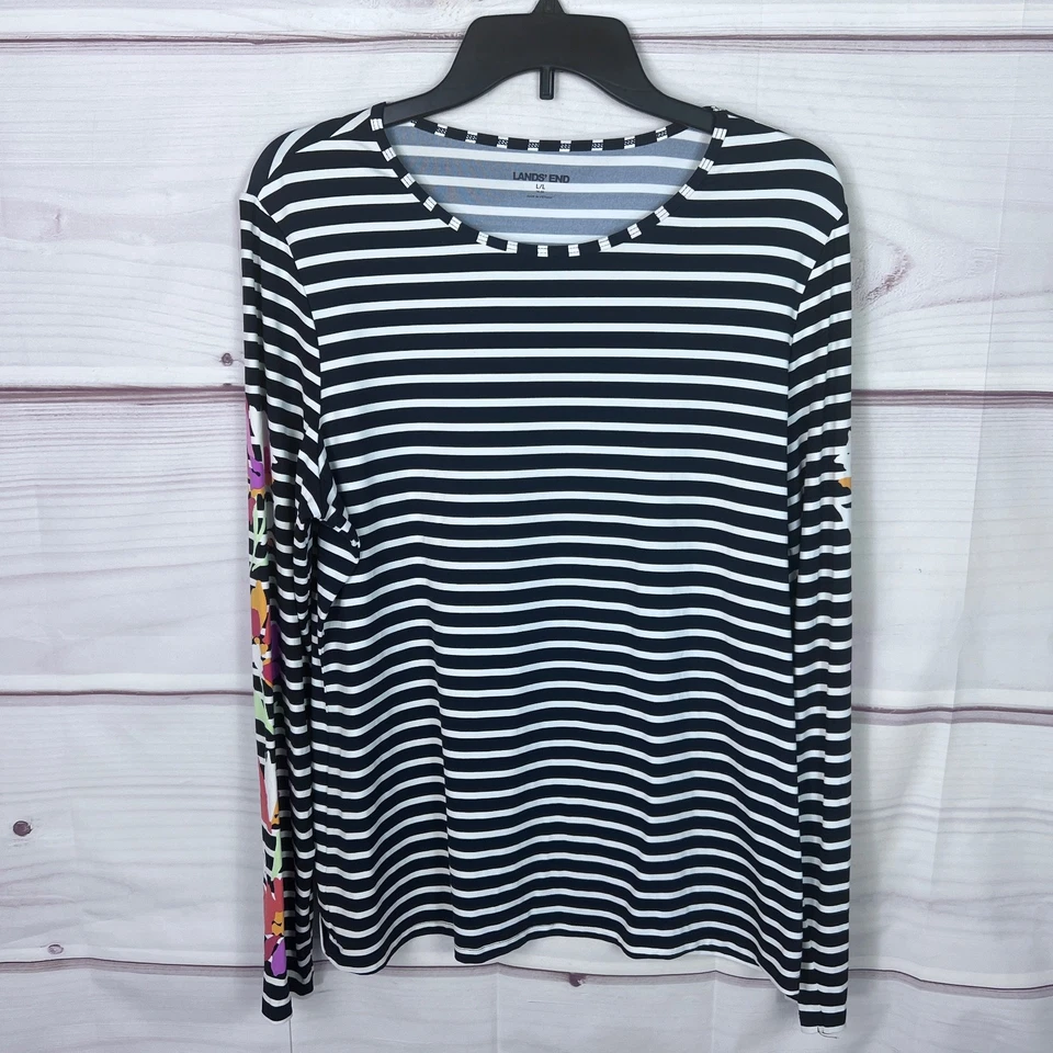 Lands End Top Womens L Blue Striped Rash Guard Floral Long Sleeve Round Neck - Image 1 of 4