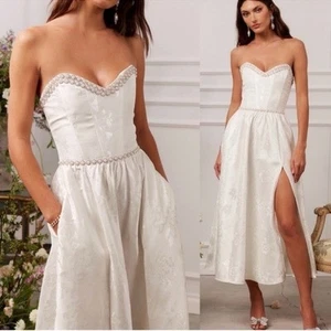 V. Chapman Lucia White Floral Brocade Strapless Rhinestone Midi Wedding Dress 8 - Picture 1 of 20