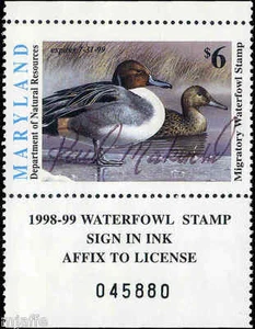 SELLO DE PATO MARYLAND #25 1998 ARTISTA DE COLA DE PINTA FIRMADO POR PAUL MAKUCHAL - Imagen 1 de 1
