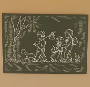 Vintage Christmas Card, Three Hobo Children And Lamb Walking By EMCAR - Used - Picture 1 of 3