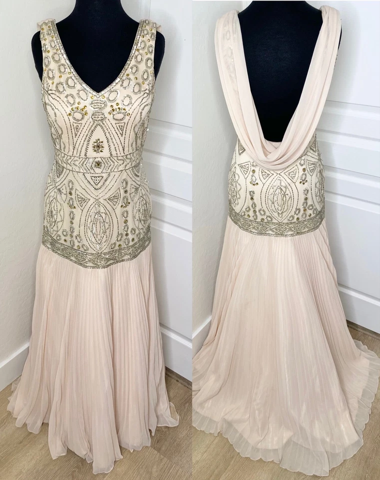 SUE WONG Nocturne Blush Nude Embellished Cowl Drape Back Pleated Chiffon Gown 8 - image 1 of 4