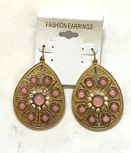 ER8294 UNIQUE VINTAGE STYLE GOLD TONE METAL GEMSTONE DANGLE HOOK EARRINGS - Picture 1 of 1