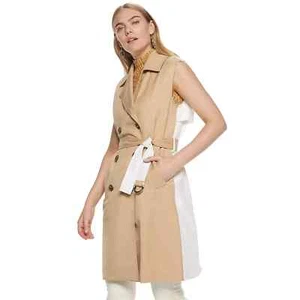 NWT Nine West ColorBlock Dual Tone Poplin Long Trench Old Money Coat Vest - Picture 1 of 12