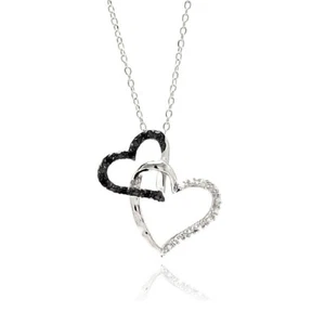 Sterling Silver Necklace w/ Black & Clear CZ Stones Double Heart Pendant - Picture 1 of 2