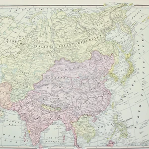ASIA CHINA MAP USSR INDIA Vintage Large Antique FULL COLOR 1928 21"x14" - Picture 1 of 2