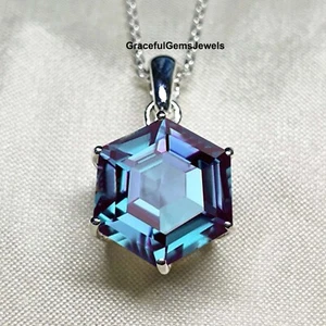 Hexagon Cut Lab Alexandrite Pendant Women Silver Pendant Color Changing Gemstone - Picture 1 of 4