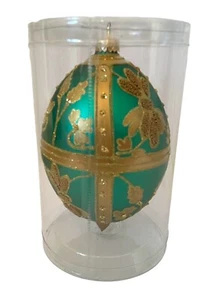 New SZKLO-DEKOR Mouth Blown Glass Ornament FABERGE EGG Green & Gold Floral 6.5” - Picture 1 of 6