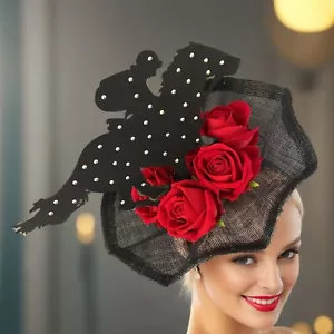 Red Rose Horse Kentucky Derby Black Fascinator Preakness Belmont Del Mar Dress - Picture 1 of 7