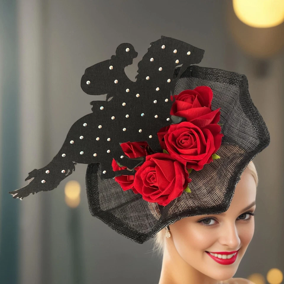 Vestido Red Rose Horse Kentucky Derby Negro Fascinator Preakness Belmont Del Mar Foto 1 de 4