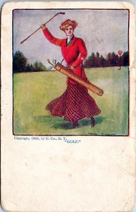 Lady Golfer Waves Golf Club - artista firmado F. Earl Christy - postal de 1908 - Imagen 1 de 3