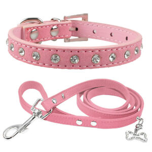 Suede Leather Puppy Dog Cat Rhinestone Collar and Leash Set Top Soft XXS XS S