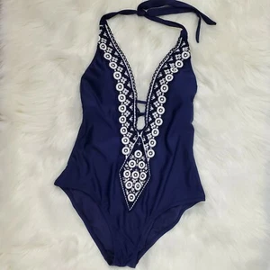 Womens Kona Sol Medium Coverage One Piece Swimsuit Navy Blue Crochet Trim  - Picture 1 of 12