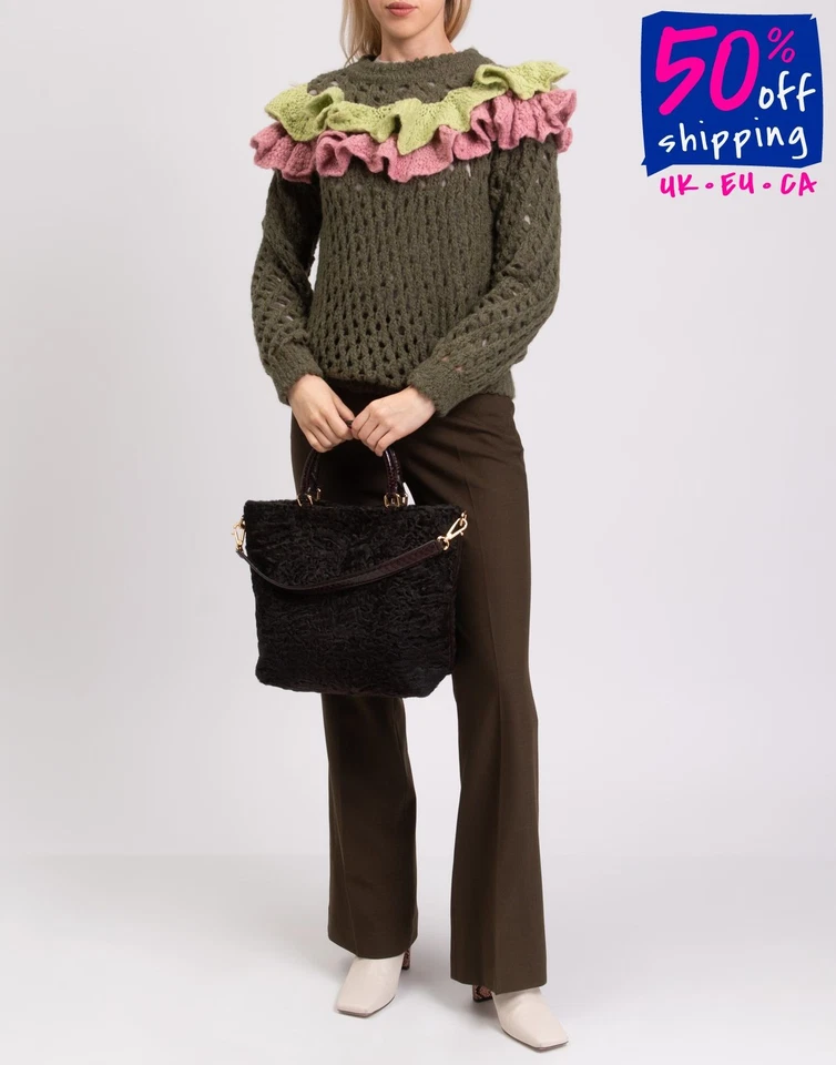 RRP €368 BOUTIQUE MOSCHINO Open Knit Jumper IT38 US4 UK6 XS Green Ruffle Trim - Image 1 of 4