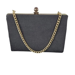 Vintage Evening Bag Clutch Purse Black Satin Gold Chain Kiss Lock Small Formal - Picture 1 of 12