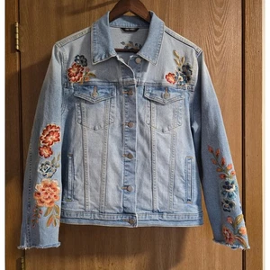 Driftwood Floral Embroidered Denim Jean Jacket Light Wash Sz M Boho Chic - Picture 1 of 15