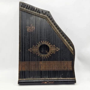 VINTAGE ANTIQUE WOOD WOODEN LAP HARP MUSIC INSTRUMENT ZITHER Black, Gold W/ Bird - Picture 1 of 14