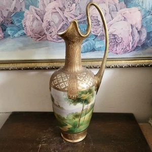 Nippon Japan Hand Painted Pitcher Vase Moriage Gold Jeweled Scene 12.5" - Bild 1 von 16