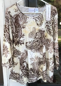 Alfred Dunner sz XL Paisley 3/4 Sleeve Top Brown Butter Yellow White NWT $54 D - Picture 1 of 9
