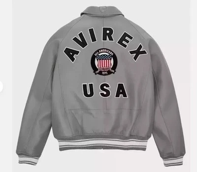 Men Avirex Gray Real Bomber American Flight Jacket Faux Leather Jacket for Men - Image 1 of 4