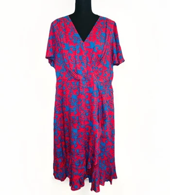 Jessica Simpson 1X Floral V Neck Flutter Sleeves Red Blue Floral Midi Wrap Dress - Image 1 of 4