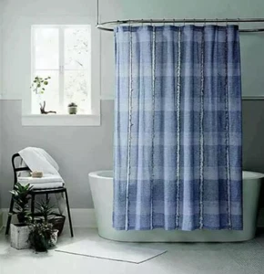 Ugg Aira Shower Curtain Navy & Silver Stripes Fringe 72" x 72" Cotton NEW - Picture 1 of 6