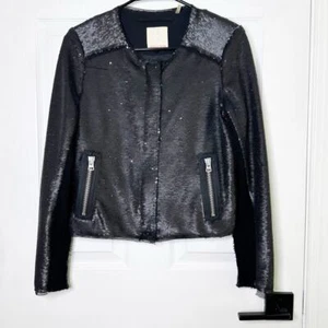 REBECCA TAYLOR Size 4 Black Sequin Moto Jacket Grunge - Picture 1 of 8