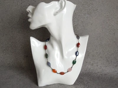 Testato Argento Catena Con Colorato Ovale Farbsteinen Agata Moos, Quarzo Rosa - Immagine 1 di 4