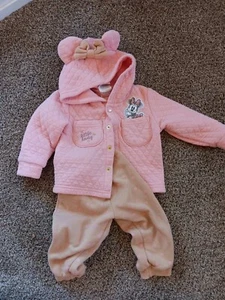 Pink Quilted Minnie Mouse 12M US Hoodie Button Up Sweater W Warm Pilka Dot Pants - Picture 1 of 12
