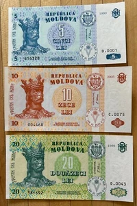 3 MOLDAWIEN UNZ. BANKNOTEN, 5.10.20 LEI, 1999/2005 - Bild 1 von 2
