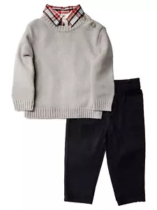 Infant Boys Dress Up Suit Pants Plaid Shirt Gray Sweater Outfit 6-9 Months - Picture 1 of 2