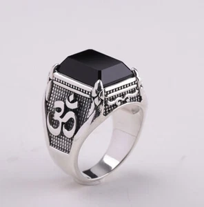 I03 markanter Herrenring Sterling Silber 925 schwarzer Achat OM Symbol - Imagen 1 de 11