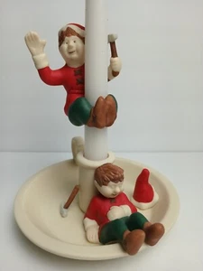 PartyLite 1990s Christmas Elves Saucerlite Bisque Porcelain Candle Stick Holder - Picture 1 of 10