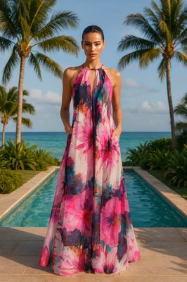 Vestido Trapecio Badgley Mischka Estampado Espalda Corredora Talla 10 Nuevo Con Etiquetas Resort Boho $1,200 Gala Foto 1 de 4