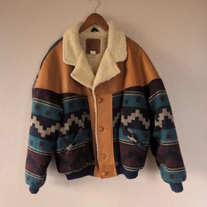 Vintage Leather Bomber Jacket L Western Aztec Sherpa Wool Southwest Navajo Coat - Picture 1 of 24