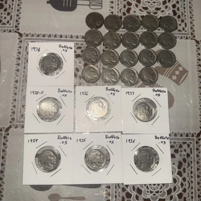 Lote de 39 fechas de colección de monedas Buffalo Nickels enumeradas en descripción 1918-1937 Foto 1 de 3