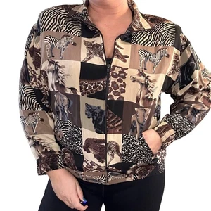 90s Vintage Bomber Jacket Animal Print Patchwork Silk Leopard Cheetah Elephant  - Picture 1 of 9