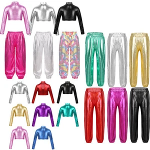 Kids Girls Glossy Metallic Long Sleeves Mock Neck Crop Top Sweatpants Dancing - Picture 1 of 122