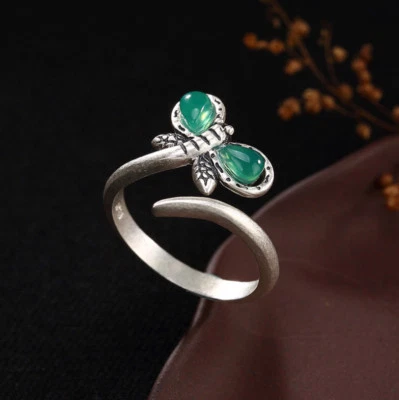 K02 Ring Schmetterling grüner Chalzedon Silber 990 verstellbar - Bild 1 von 2