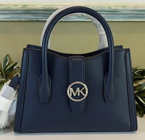 MICHAEL KORS GABBY SMALL ZIP SATCHEL CROSSBODY BAG PURSE NAVY BLUE VEGAN SILVER - Picture 1 of 13